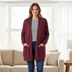 Lands' End Women's Burgundy Open Cardigan